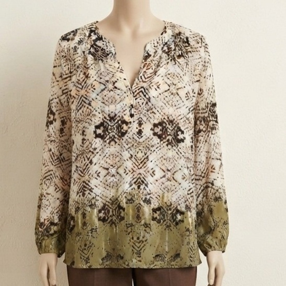 Chaus New York Womens Snakeskin Print Dip Dye Blouse Olive Green White Large